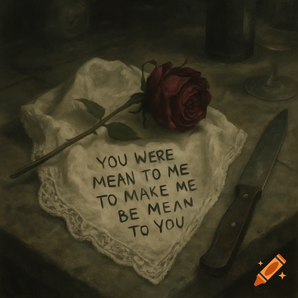 A dark oil painting still life of a crumpled white napkin with handwritten text, a wilting red rose, and a knife on a table.