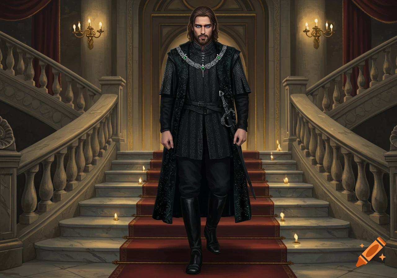 A man in black medieval attire stands on a red-carpeted marble staircase in a grand castle hall with candles.