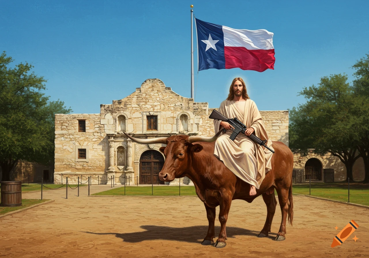 Jesus armed with a rifle, rides a longhorn in front of the Alamo, with the Texas flag waving proudly.