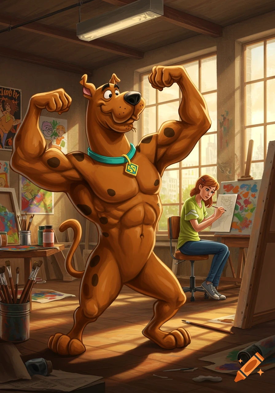 Scooby Doo, with exaggerated muscles, flexes in an art studio while a female student draws at an easel in the background.