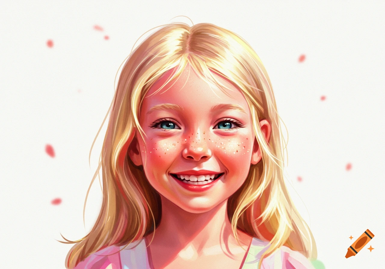 A digital illustration of a smiling young blonde girl with blue eyes and freckles against a white background.