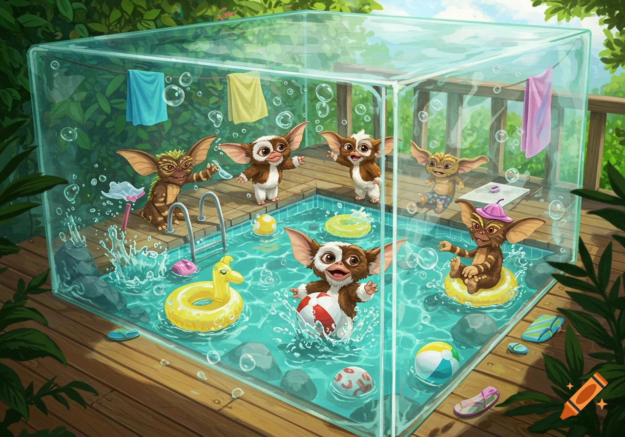 Cartoon Gremlins have a vibrant pool party inside a large clear glass box on a sunny wooden deck.