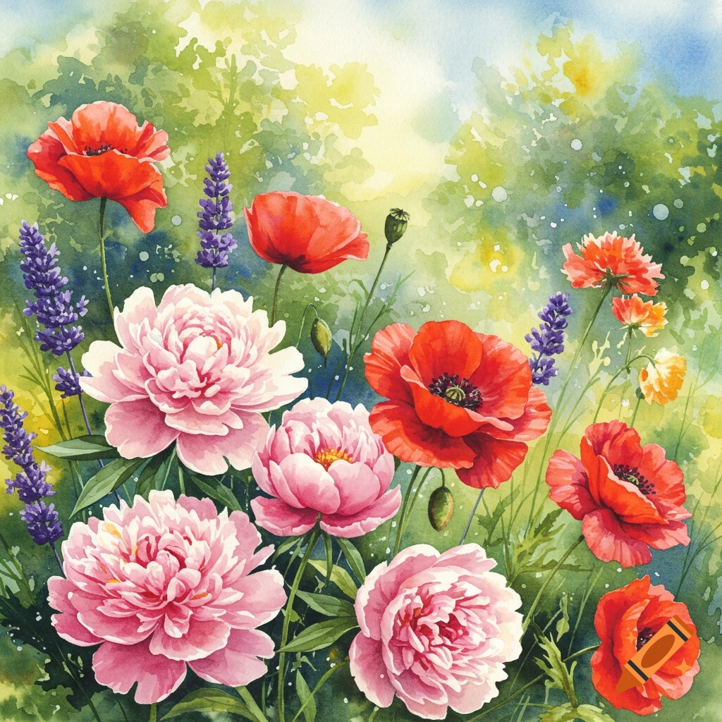 Vibrant watercolor painting of red poppies, pink peonies, and purple lavender in a lush green garden.