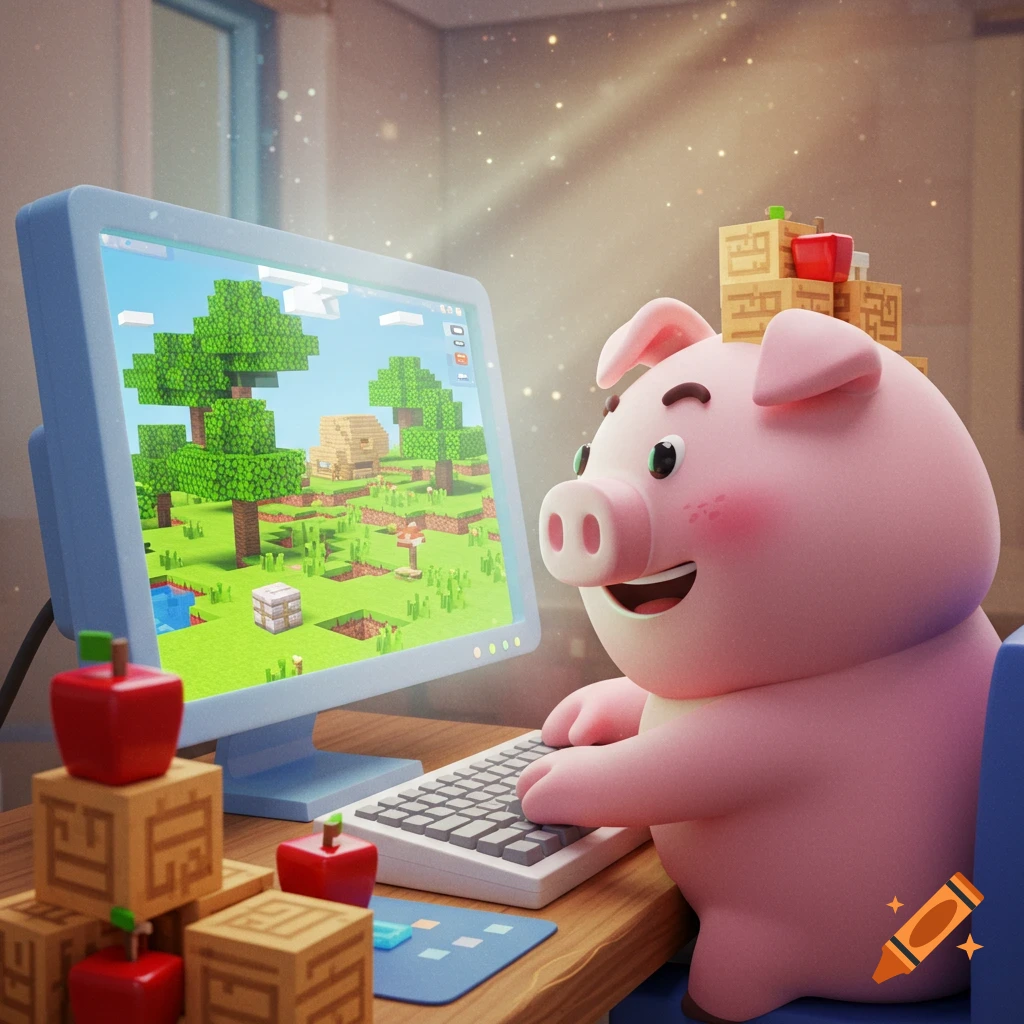 A cute pink cartoon pig happily plays a block-style video game, resembling Minecraft, on a desktop computer. Wooden blocks and red apples are on the desk.