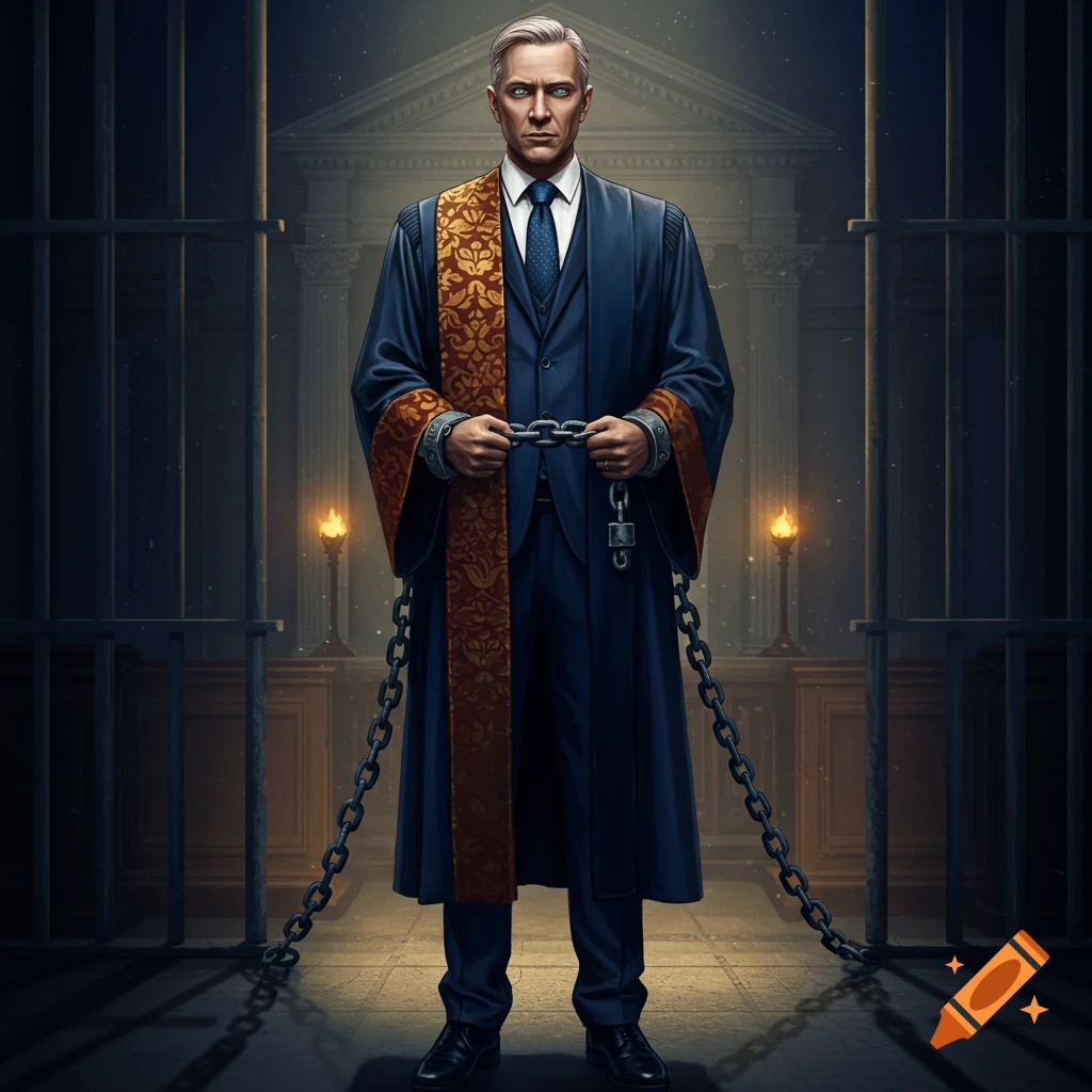 A serious man in a judge's robe with gold trim holds chains, standing in a dark hall with prison bars and classical architecture by torchlight, digital art.