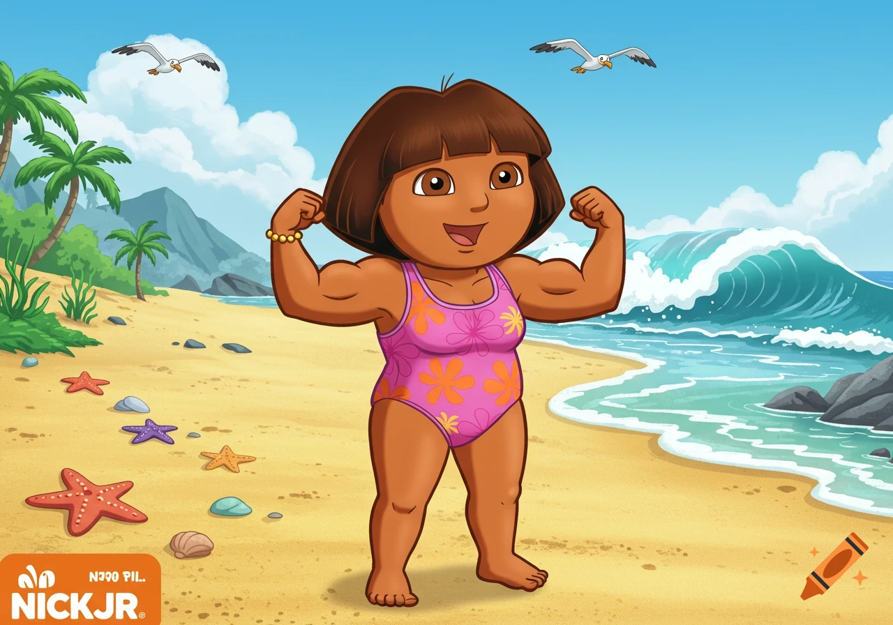 Cartoon of Dora's mom, a muscular woman in a pink swimsuit, flexing her biceps on a sunny beach with seagulls and palm trees.