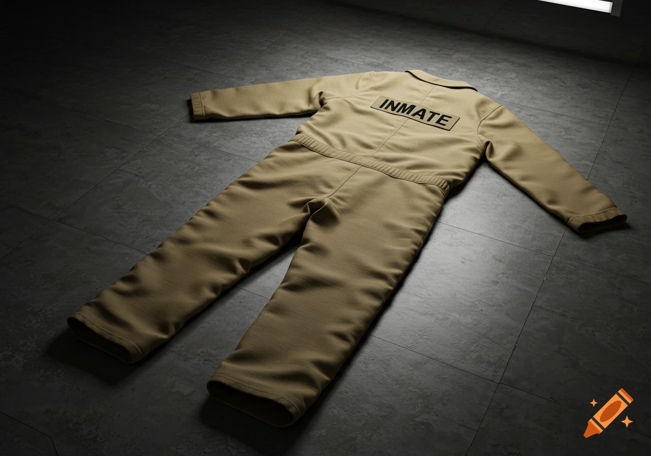 A tan prison jumpsuit with 'INMATE' written on the back lies on a dark, tiled floor in a dimly lit room.