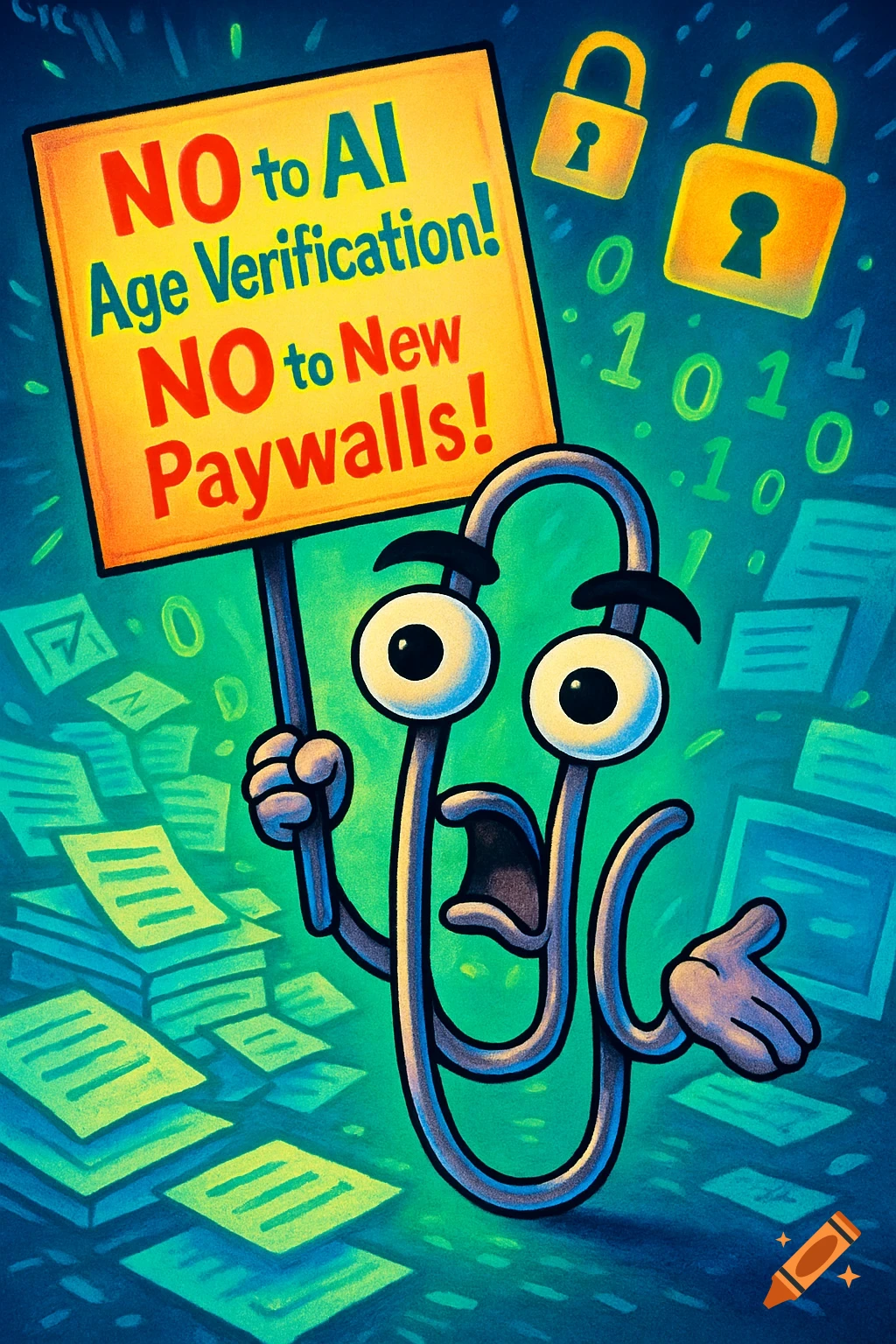 A cartoon paperclip character holds a protest sign that says 'NO to AI Age Verification! NO to New Paywalls!' against a background of binary code and padlocks.