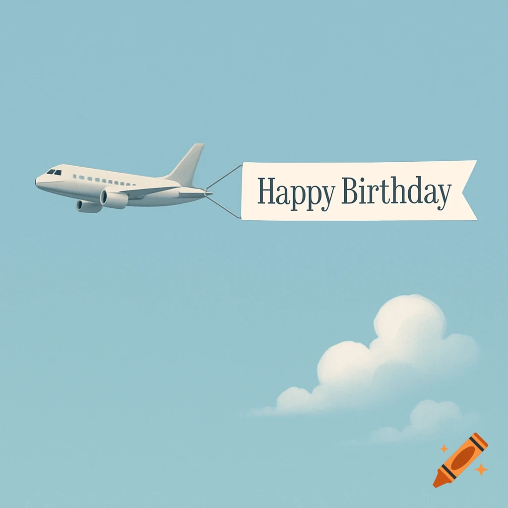 A white airplane pulls a banner that reads 'Happy Birthday' across a light blue sky with white clouds.