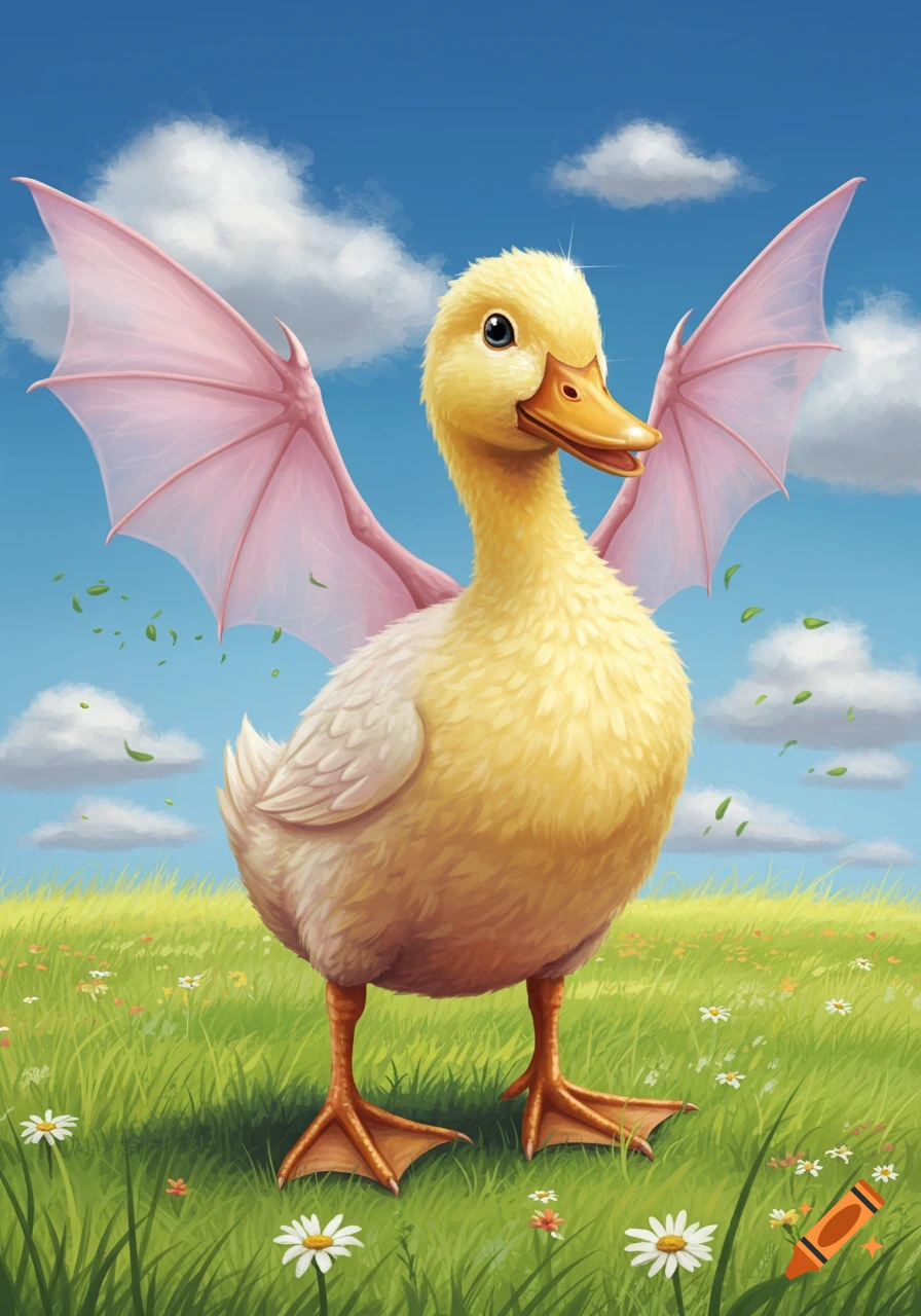 A yellow duckling with pink dragon wings stands in a green field with white daisies under a blue sky.