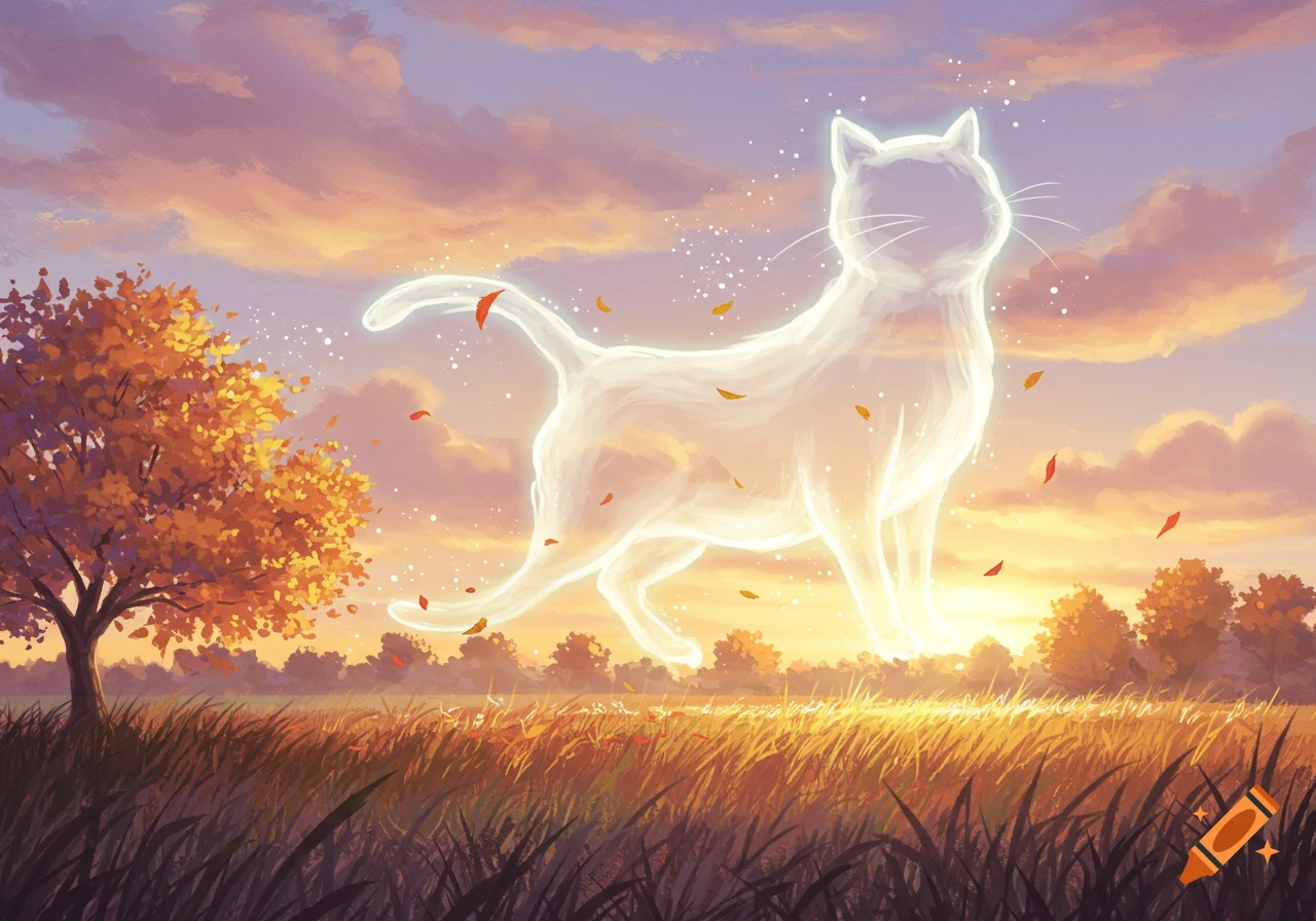 A luminous, ethereal cat stands in a grassy field under a vibrant sunset sky, with autumn leaves floating around it.