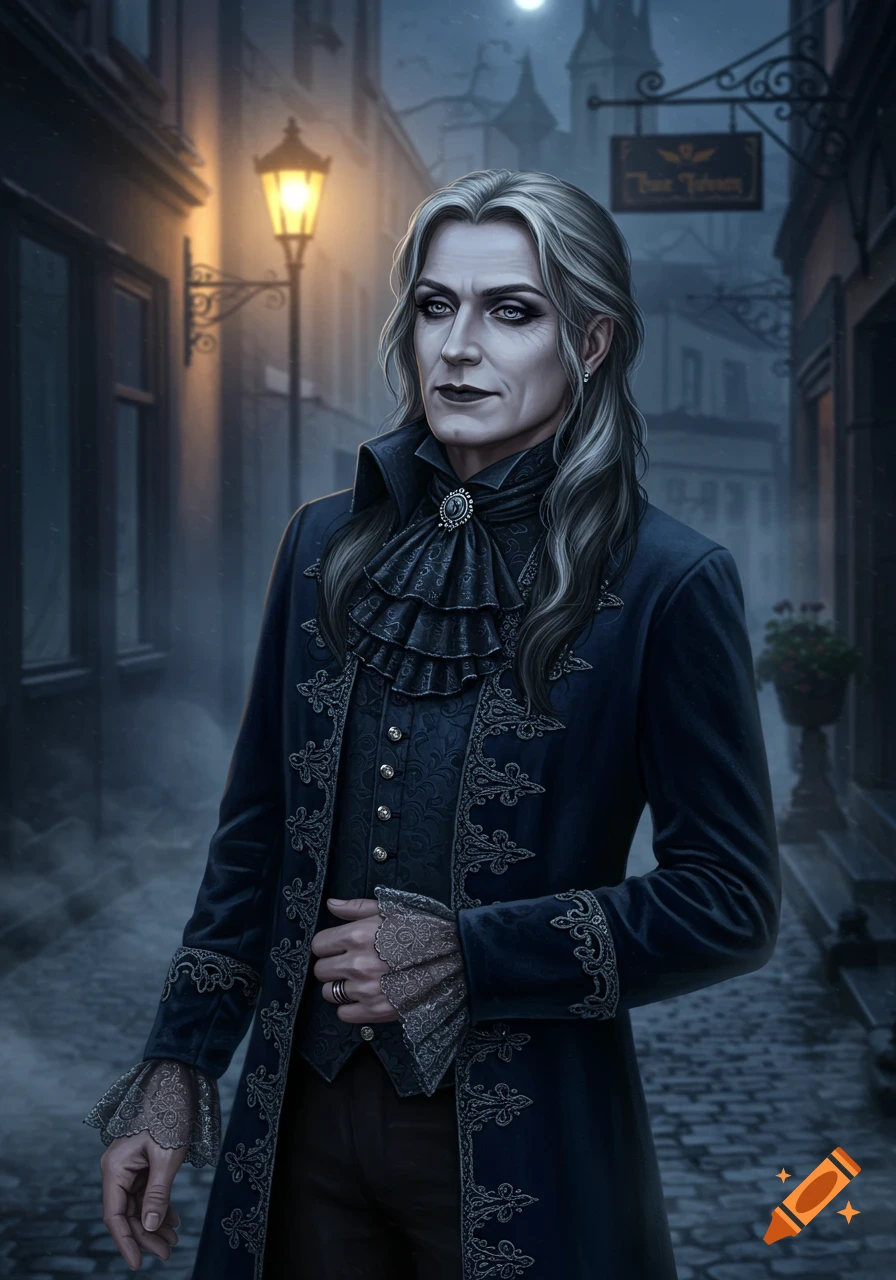 A portrait of a pale man with long grey hair in gothic attire, standing on a cobblestone street at night.