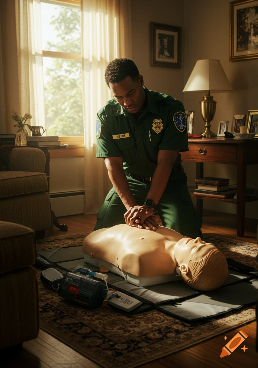 A man in a dark green paramedic uniform performs CPR on a medical dummy on a rug in a sunlit room.