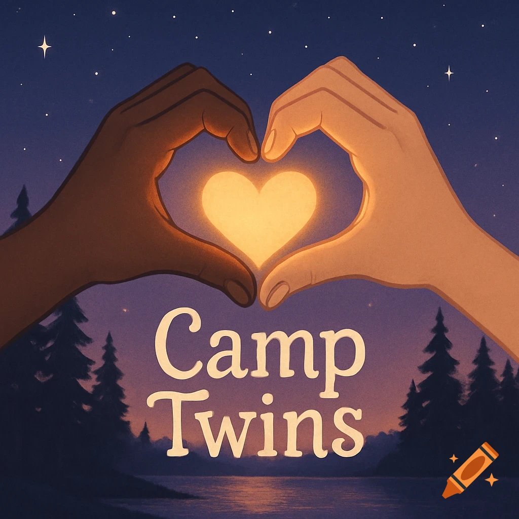 Illustration of two hands of different skin tones forming a glowing heart over a starry night lake and pine trees with 'Camp Twins' text.