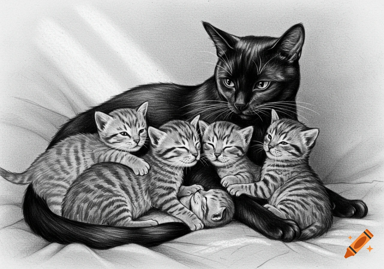 A black and white pencil drawing of a mother cat with four small, striped kittens nestled around her.