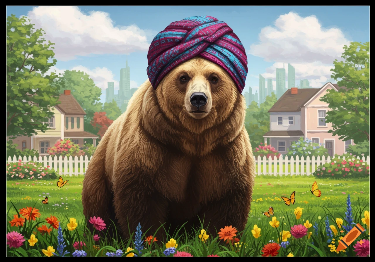 A brown bear wearing a blue and pink turban stands in a lush green garden with flowers and butterflies, with suburban houses and a city skyline in the background.
