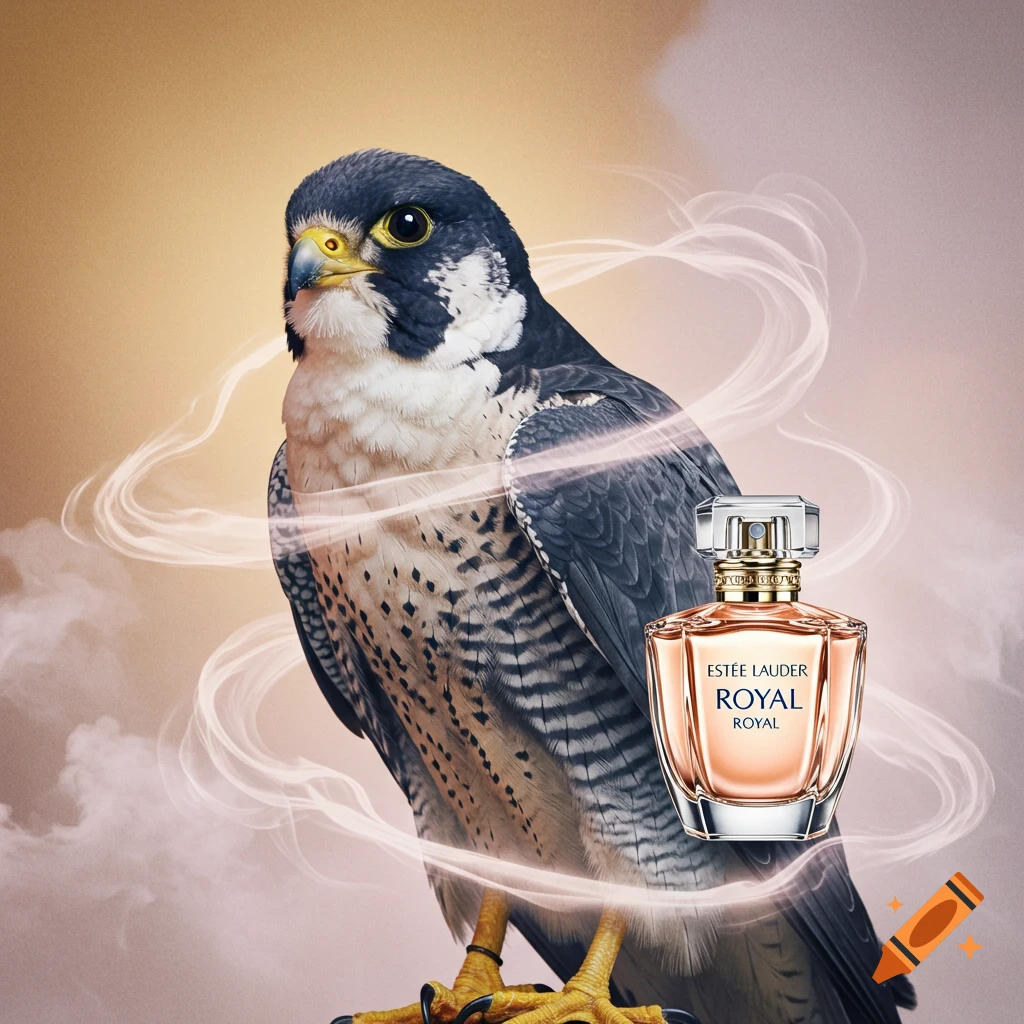 A majestic peregrine falcon stands next to an Est00e Lauder Royal perfume bottle, surrounded by ethereal white smoke.