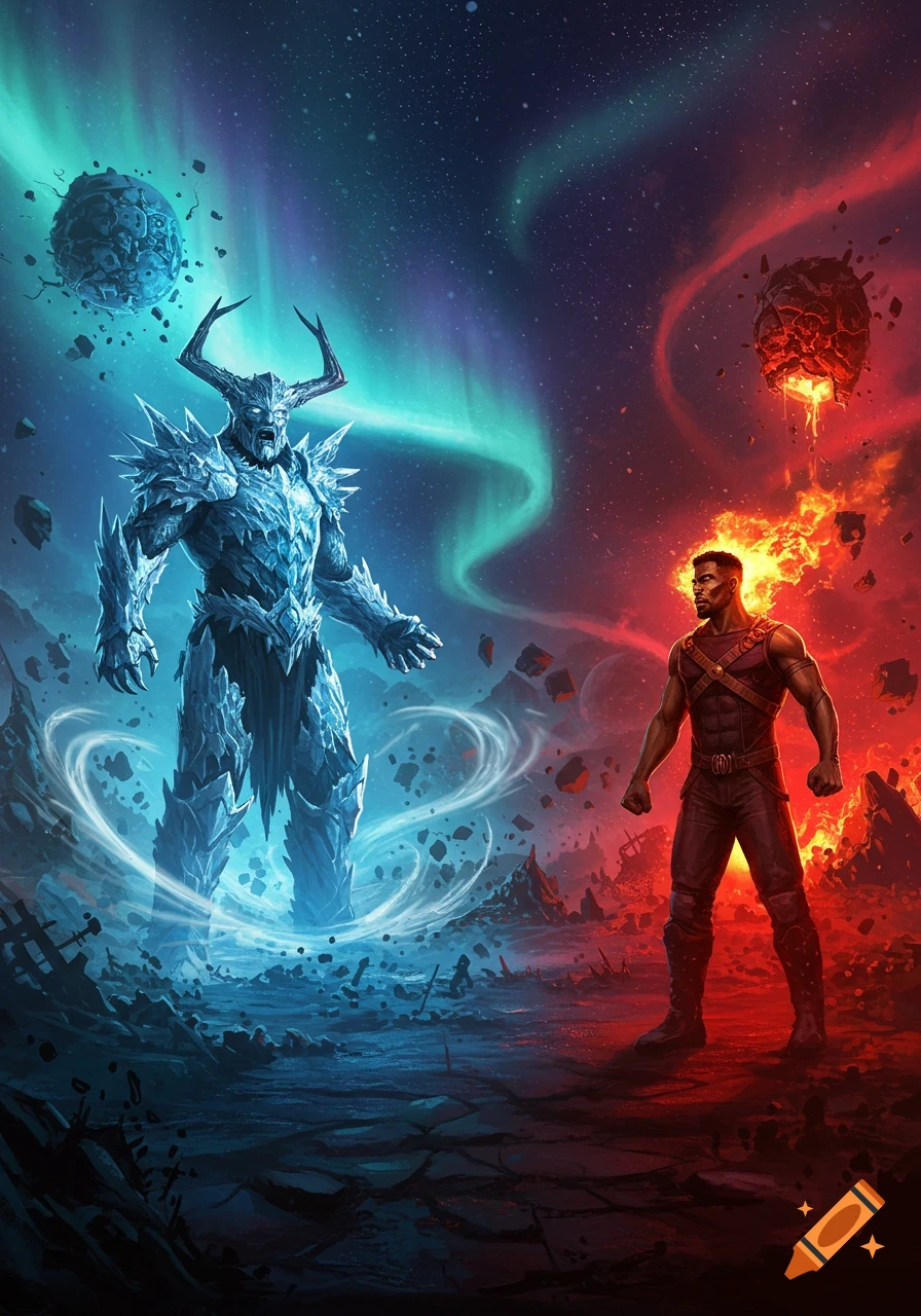 A massive ice giant faces a fiery man against a cosmic background with opposing blue and red auroras.