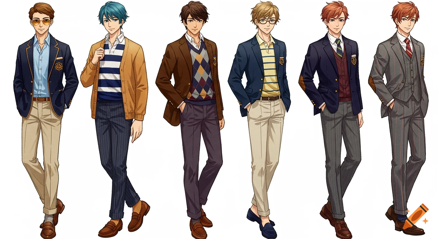 Six preppy male anime characters stand in a line, each wearing different stylish blazer and pant combinations with various accessories.