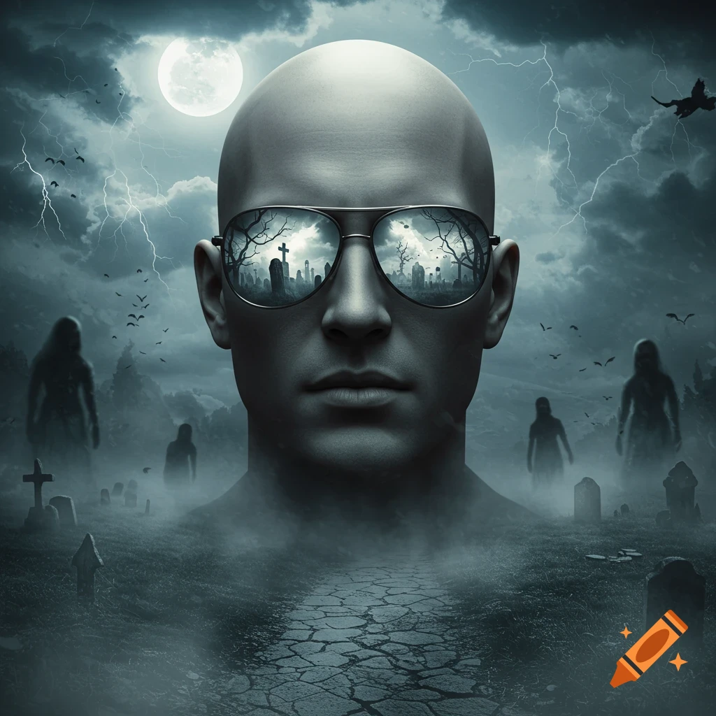 Photorealistic image of a bald man in sunglasses reflecting a spooky graveyard with tombstones and misty figures under a full moon and lightning.