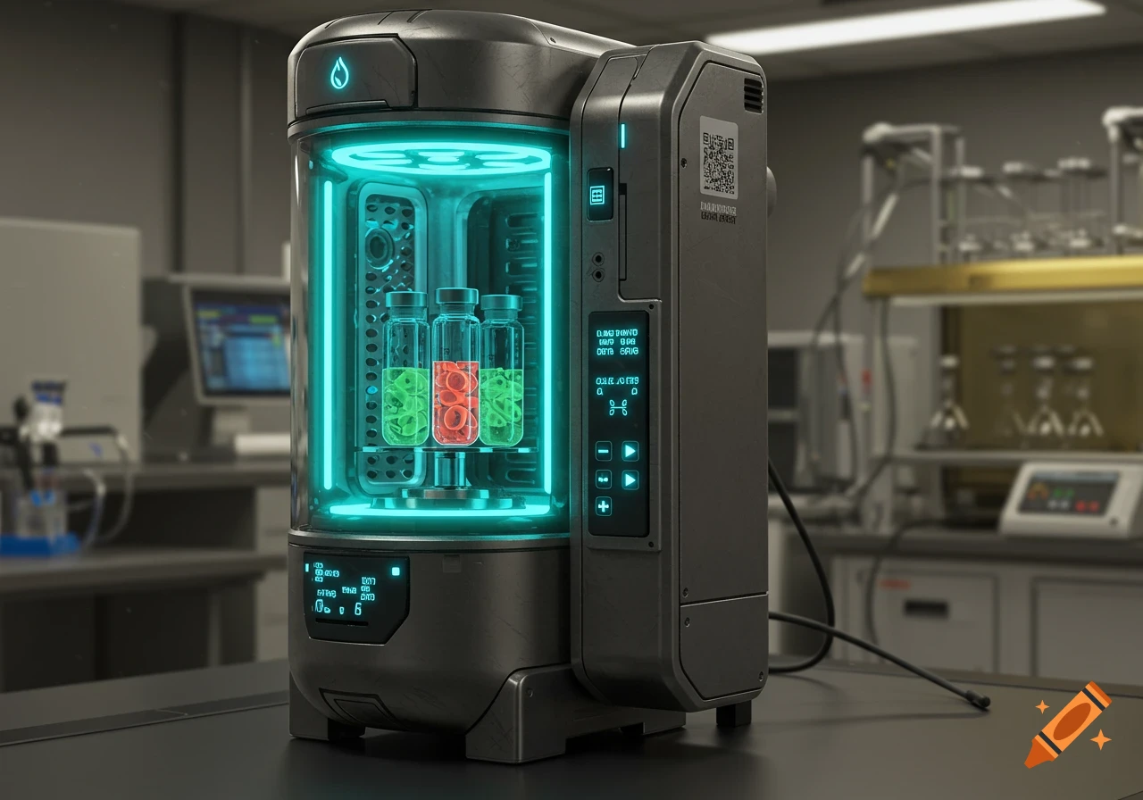 A futuristic science laboratory machine with glowing blue lights illuminating three vials of liquid, set in a blurred lab background.