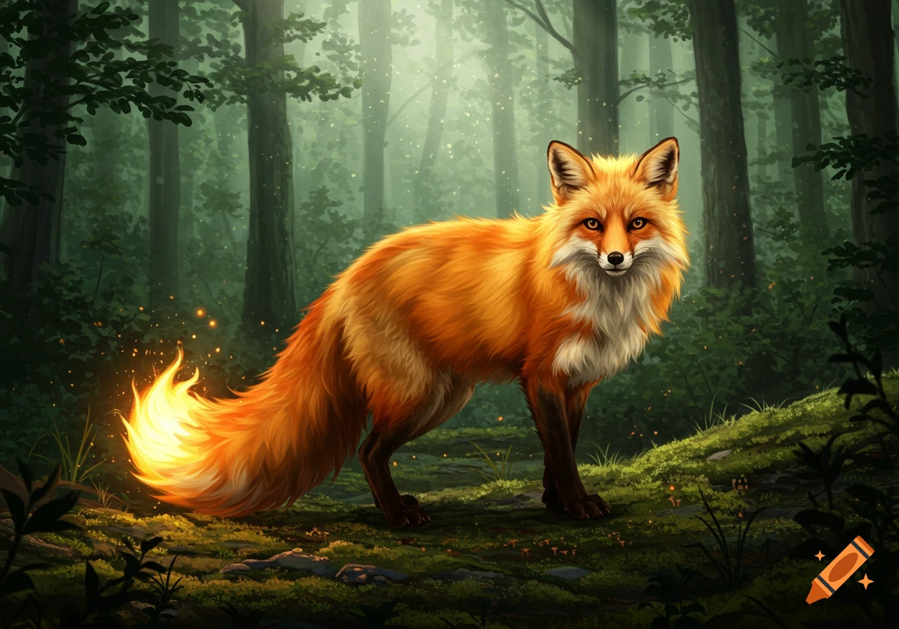A fox with bright orange fur and a glowing, flame-like tail stands in a misty forest.