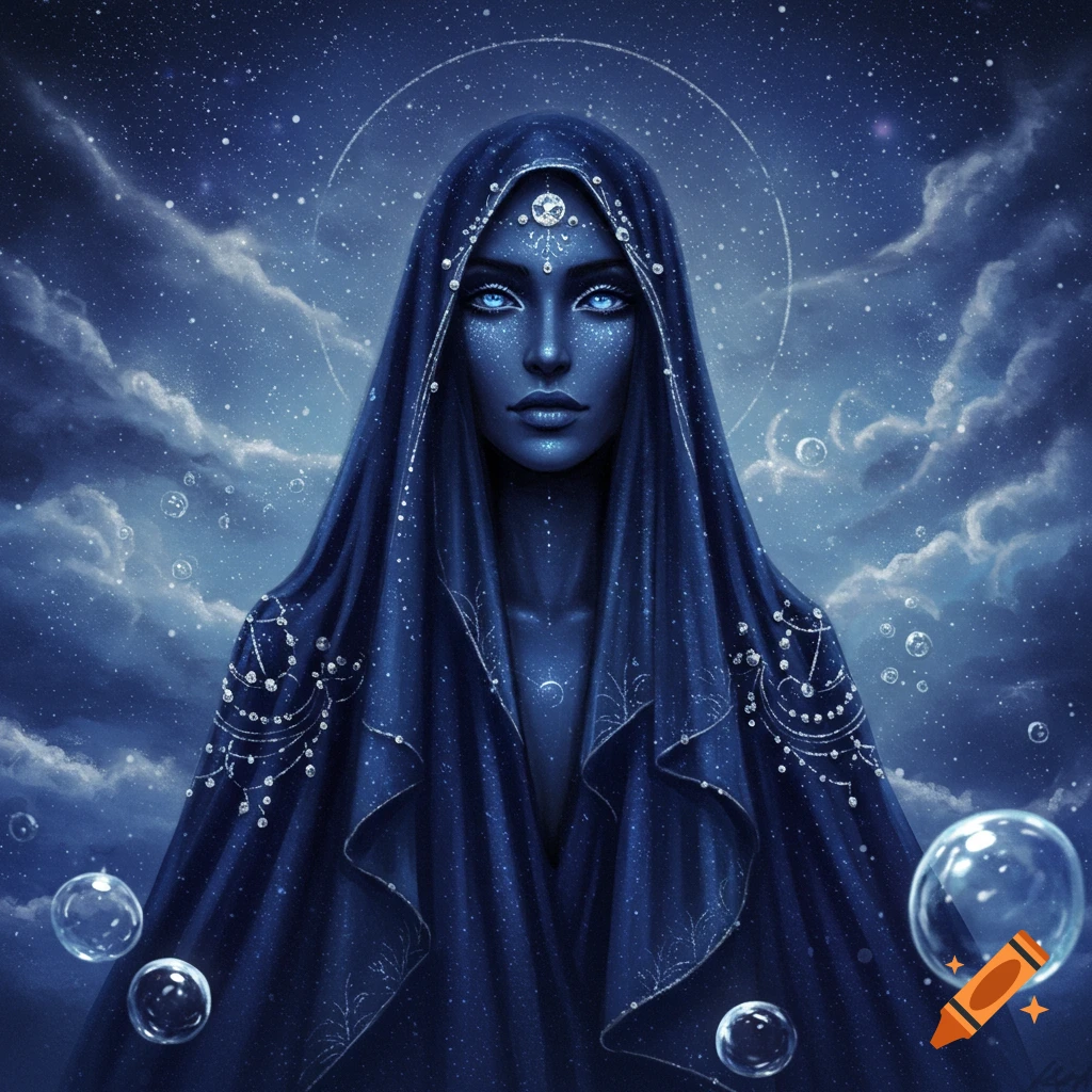 A mystical blue-skinned woman with glowing blue eyes and ornate headpiece, wearing a dark blue hooded cloak, against a starry, cloudy night sky with floating bubbles.