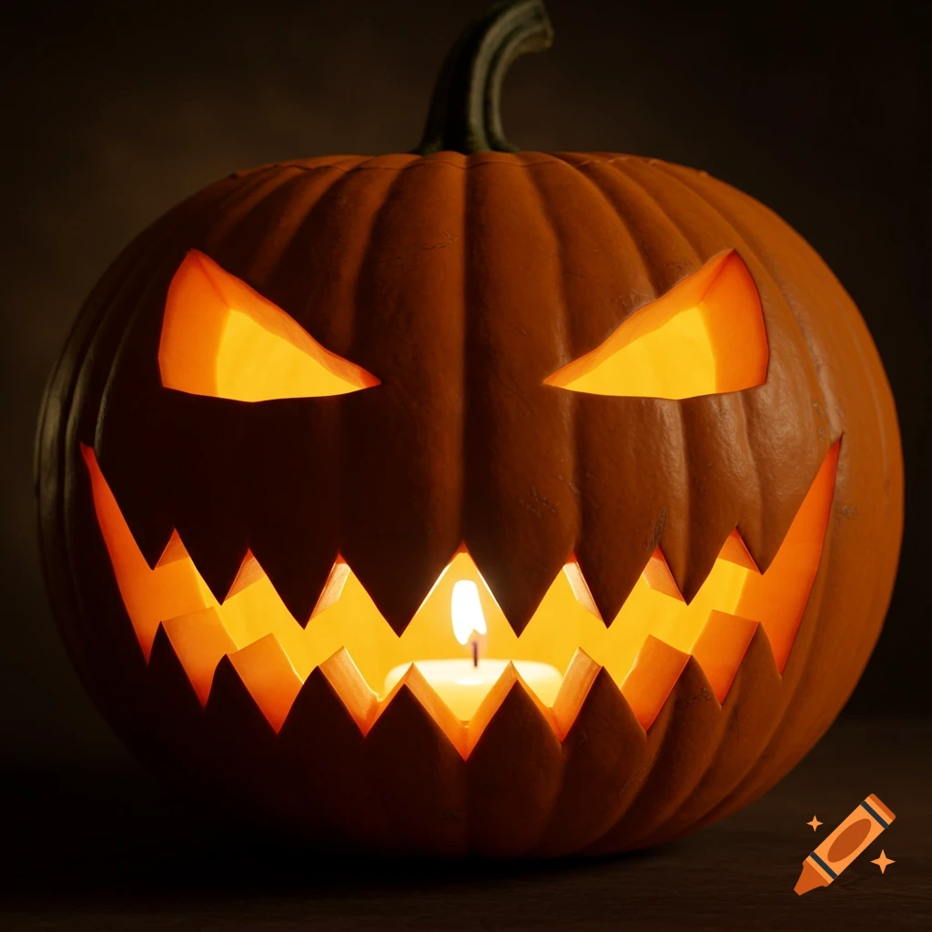 A close-up, photorealistic image of a glowing carved Halloween pumpkin with a scary face, illuminated by a candle inside.