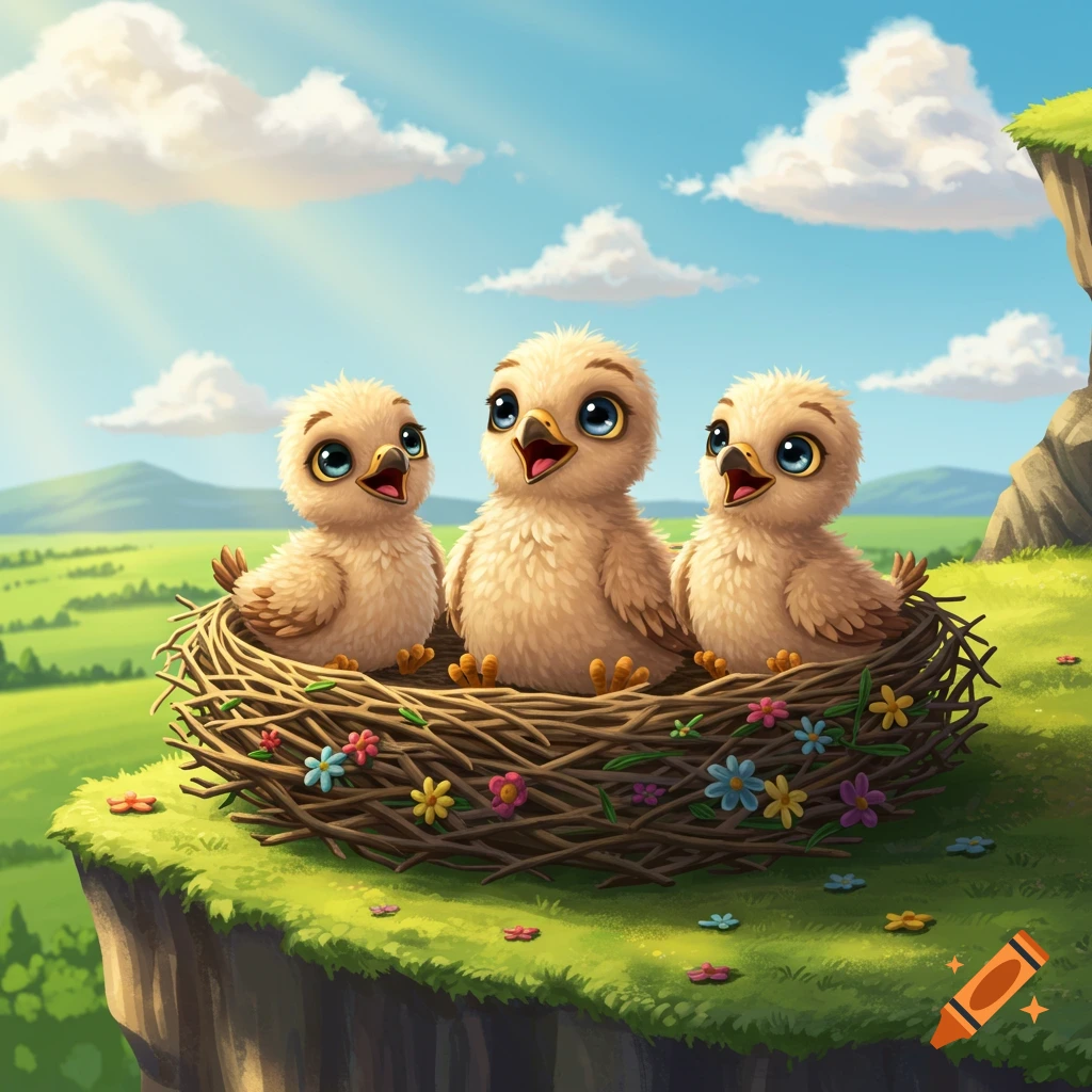 Three adorable cartoon baby eagles with big blue eyes sit in a nest on a grassy cliff overlooking a green landscape under a blue, cloudy sky.