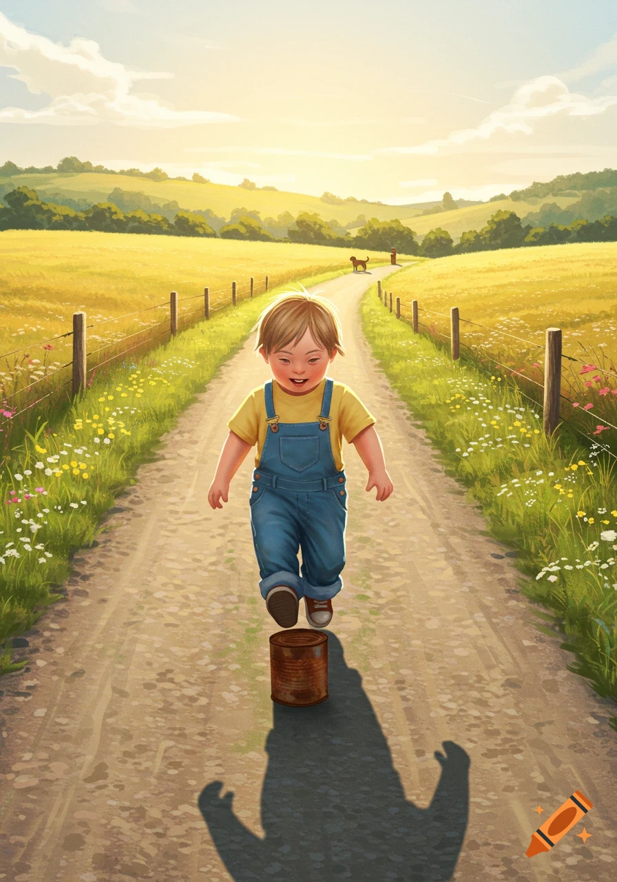 An illustration of a happy young boy with Down syndrome kicking a can down a sunny dirt road in a golden field.