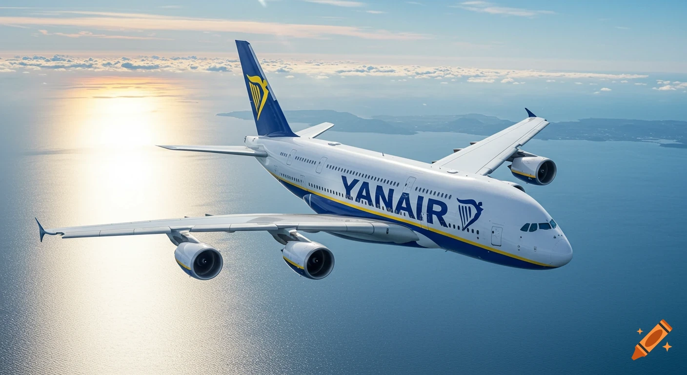 A photorealistic Airbus A380 airplane with a blue and yellow livery and "YANAIR" text flies over a sunlit ocean.