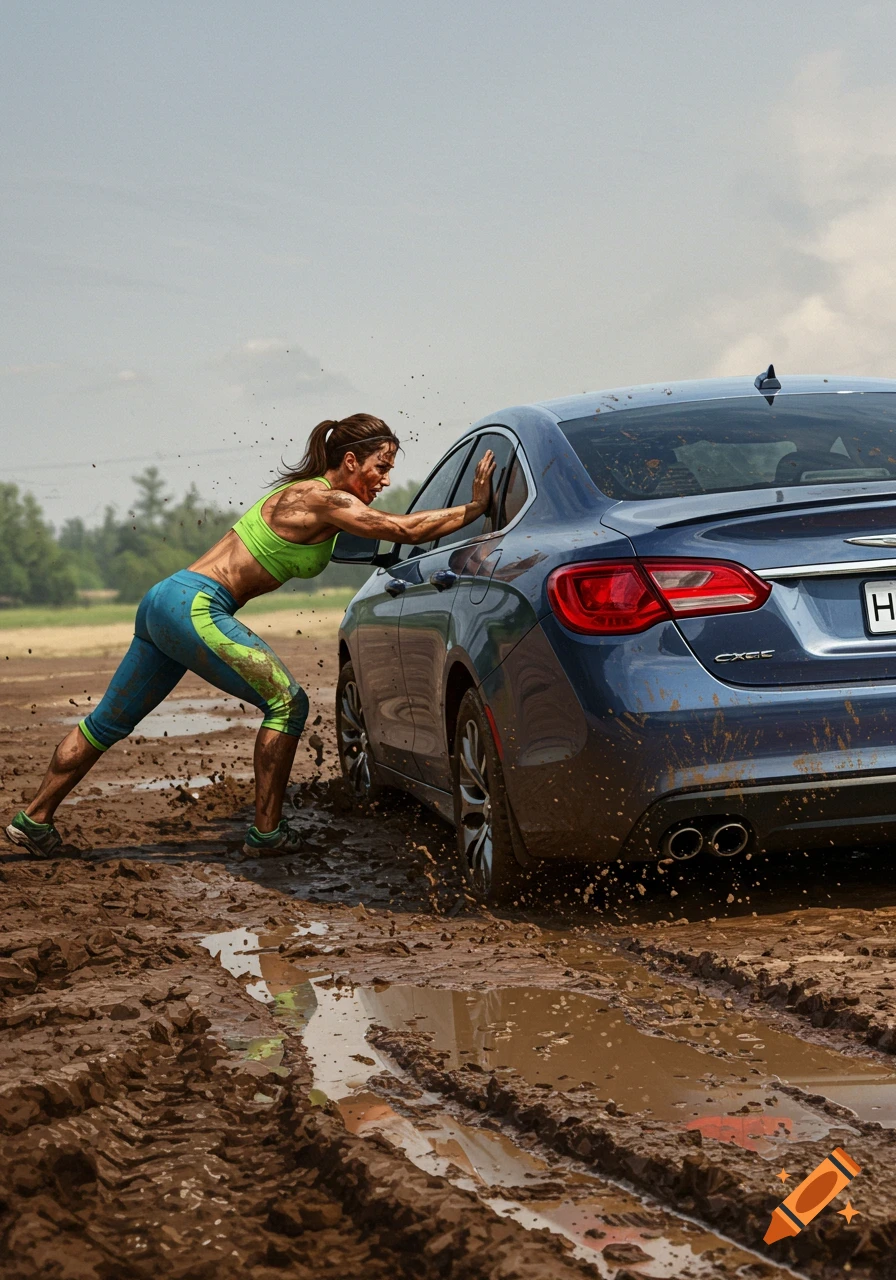 A muscular woman in green and blue gym clothes pushes a stuck blue car through deep mud, covered in dirt.