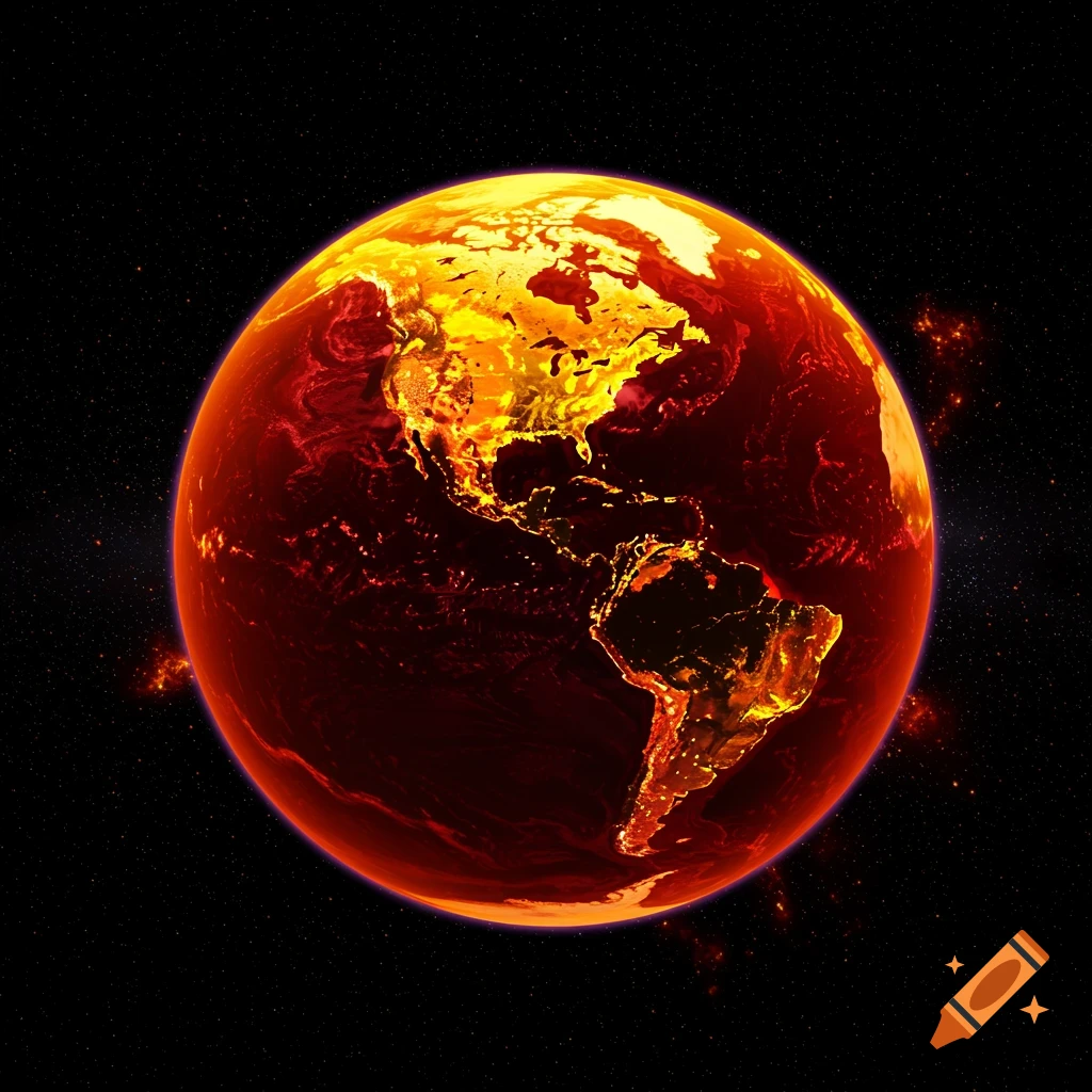 Photorealistic Planet Earth glowing fiery red and orange in space with bright continental lights.