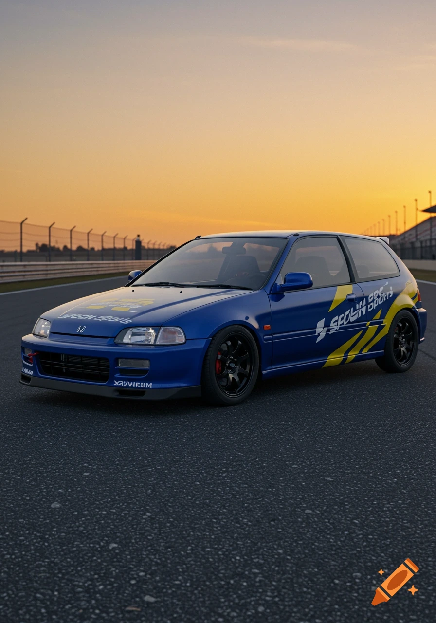 A blue Honda Civic hatchback with a yellow and blue Spoon Sports livery on a race track at sunset.