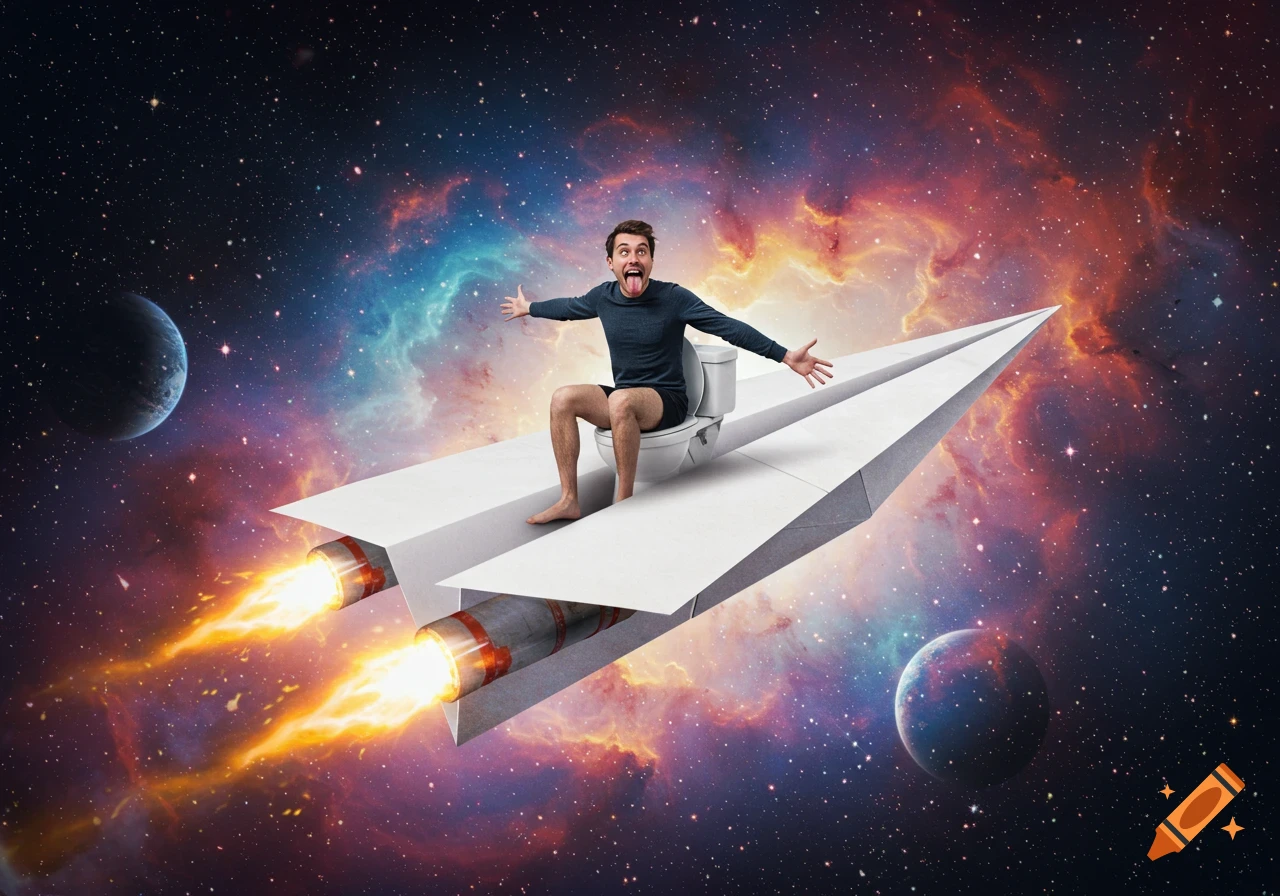 A man with bulging eyes and outstretched tongue rides a toilet attached to a rocket-powered paper airplane through colorful space.