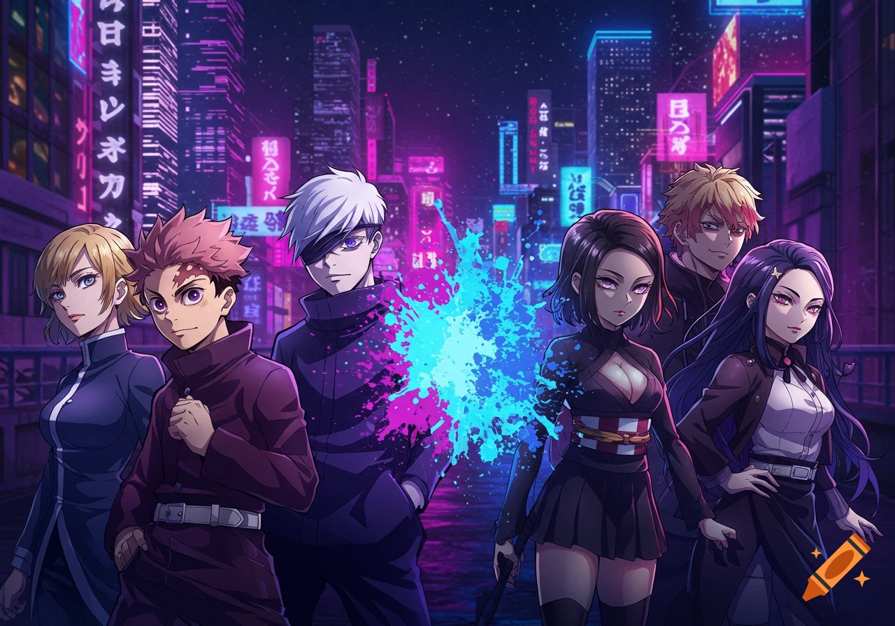 Six anime characters stand in a futuristic neon city at night, with a vibrant pink and blue splash between them.