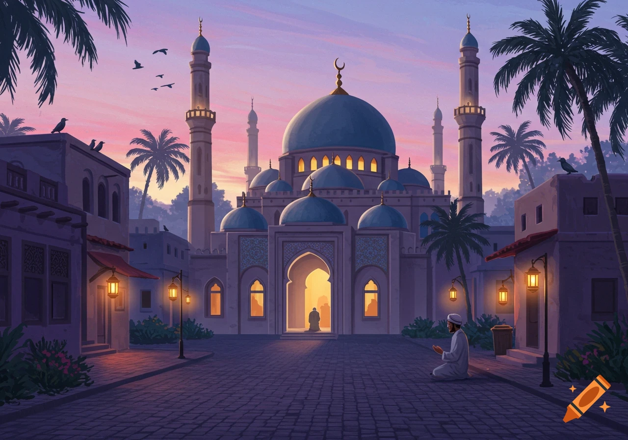 A serene digital painting of a mosque with blue domes and minarets at sunset, with figures praying on the street.