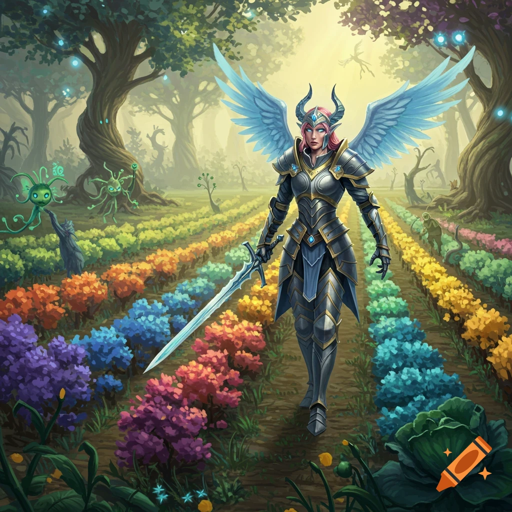 A winged, armored warrior with pink hair and horns stands in a vibrant magical garden, holding a glowing sword.