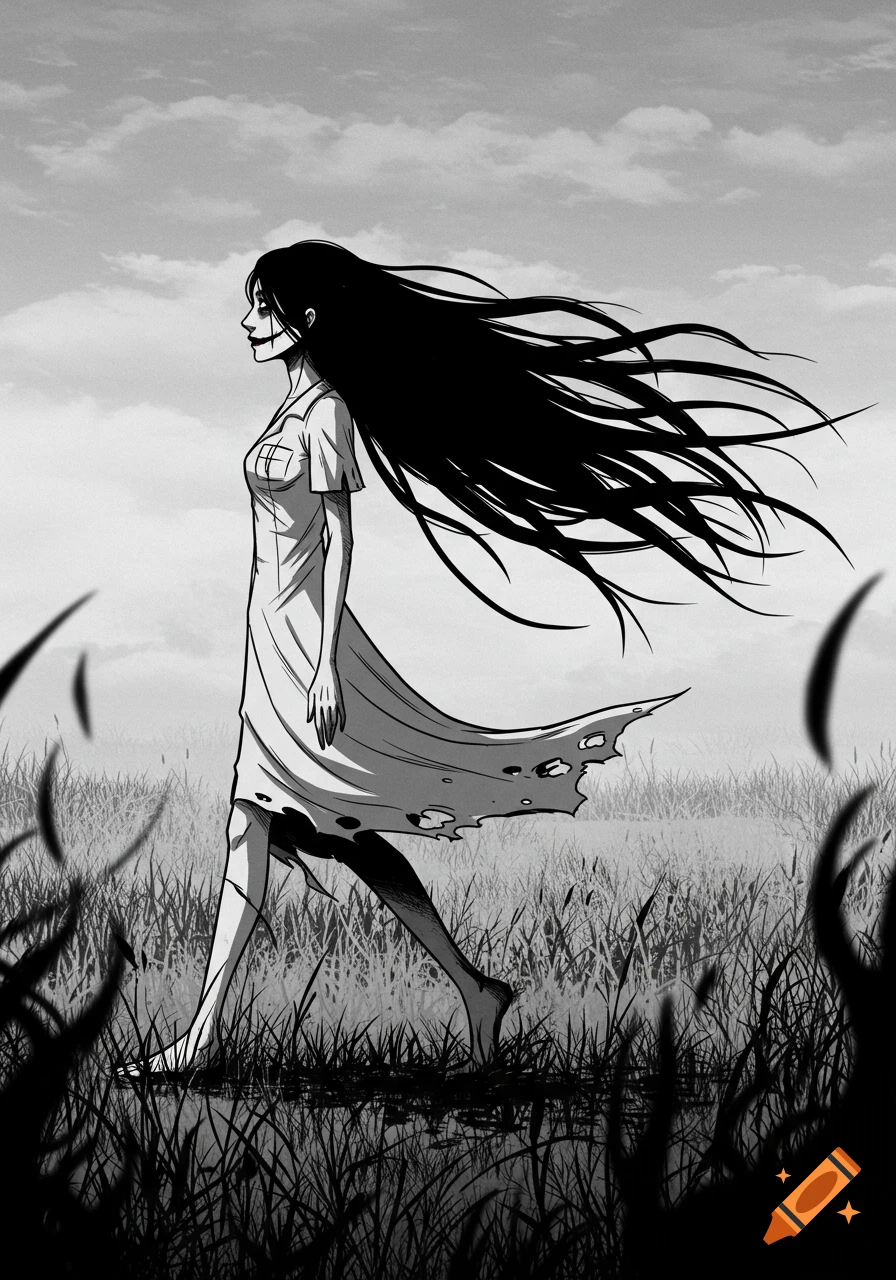 Black and white manga illustration of a gaunt woman with long hair and tattered dress walking through a desolate field.