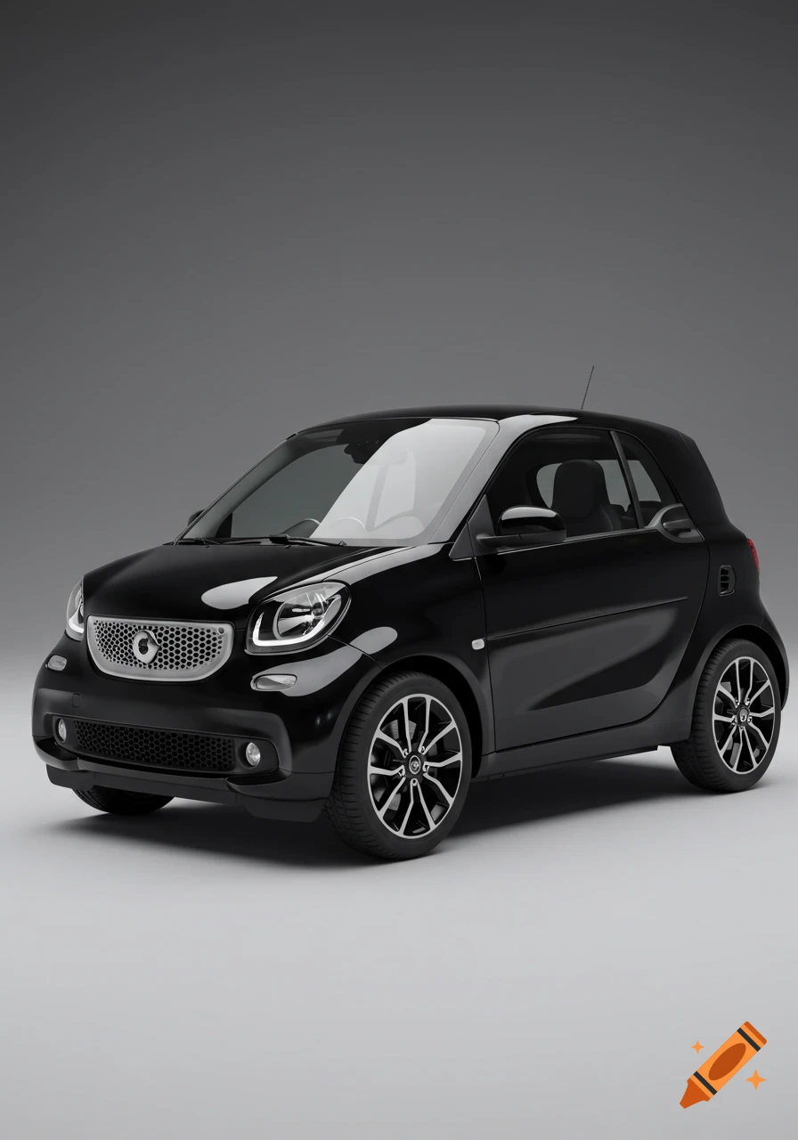 A photorealistic image of a black Smart ForTwo car from the front, parked on a light gray surface with a dark gray background.