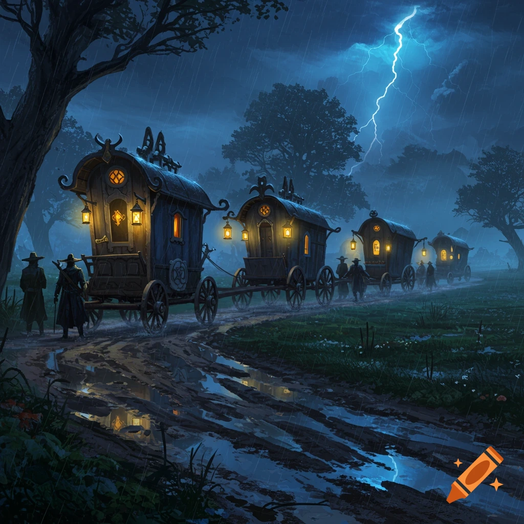 A fantasy caravan of ornate wagons travels down a muddy road in the rain under a lightning storm at night.