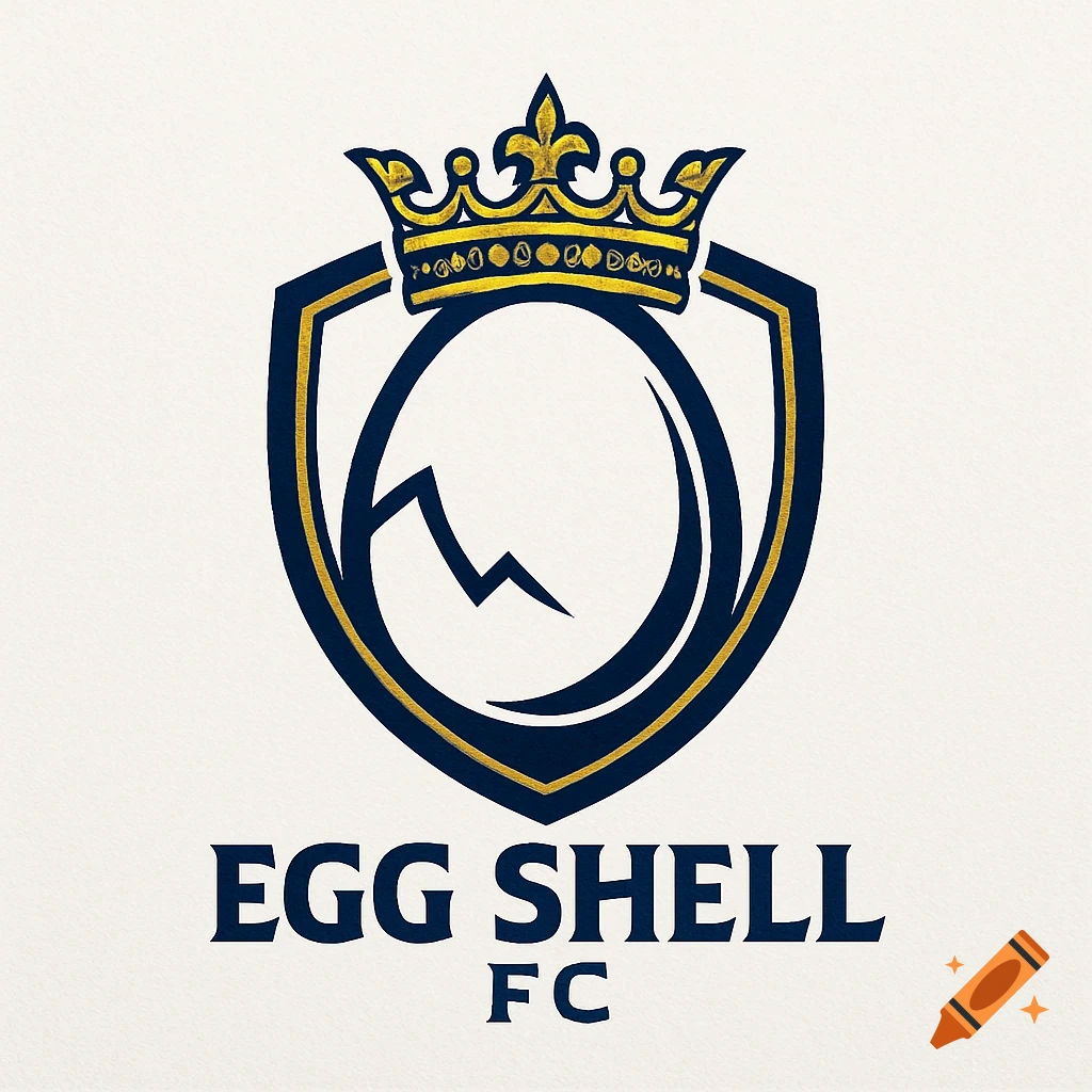 Blue and gold soccer logo featuring a shield with a cracked egg, a crown on top, and the text 'EGG SHELL FC' below.