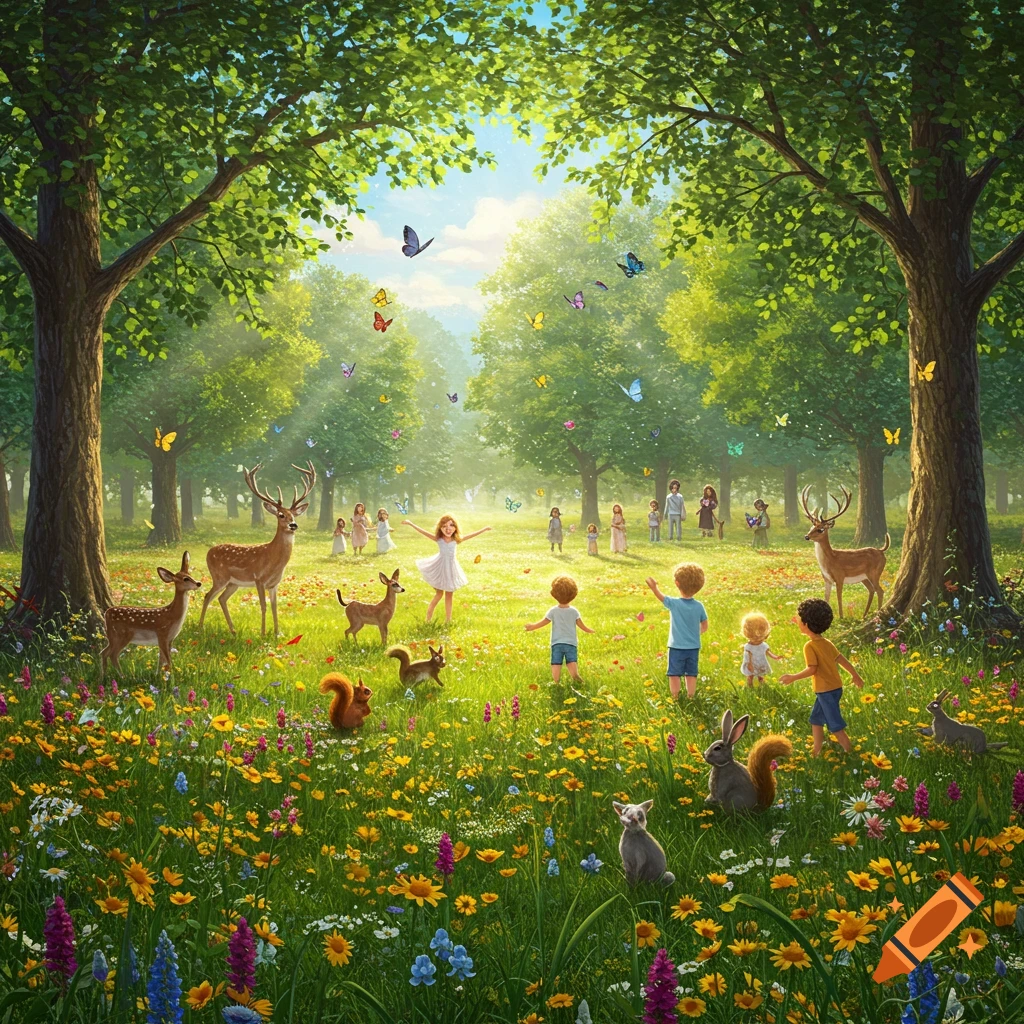 A vibrant illustration of children and animals playing in a sunlit meadow filled with wildflowers, deer, rabbits, and butterflies.