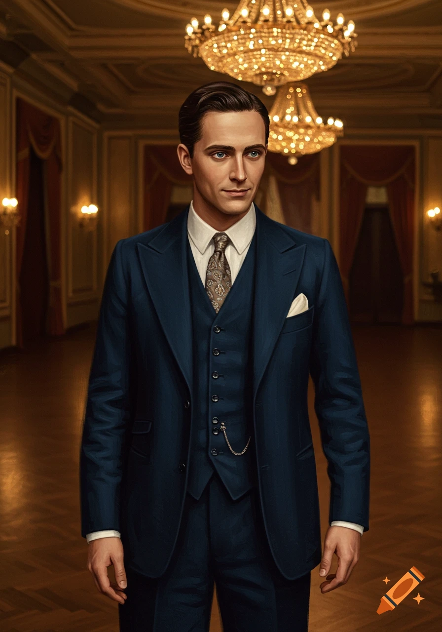 A handsome man with dark hair and blue eyes stands in a vintage dark blue suit and tie in a grand hall, under a sparkling chandelier.