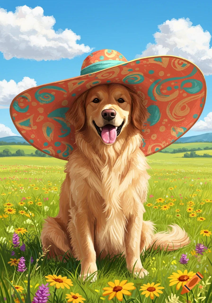 A golden retriever dog wearing a large, colorful patterned hat, sitting happily in a vibrant field of wildflowers under a blue sky.