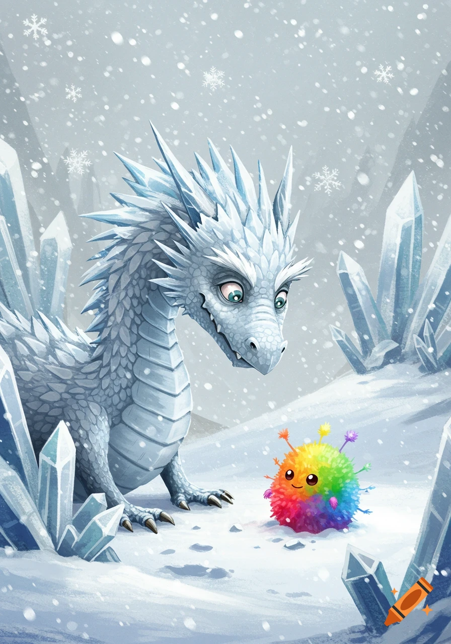 A cute white ice dragon with an eyebrow raised looks down at a small, colorful rainbow puffball monster in a snowy landscape with ice crystals.