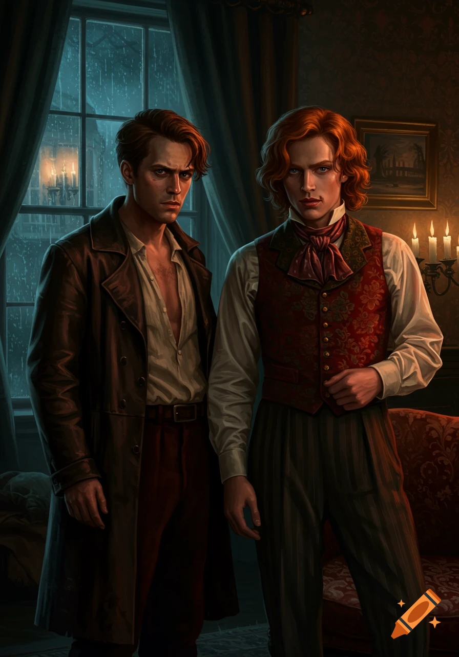 Cinematic painting of two young men in a dimly lit Victorian parlor on a rainy night. One is rugged in a leather coat, the other elegant with red hair.