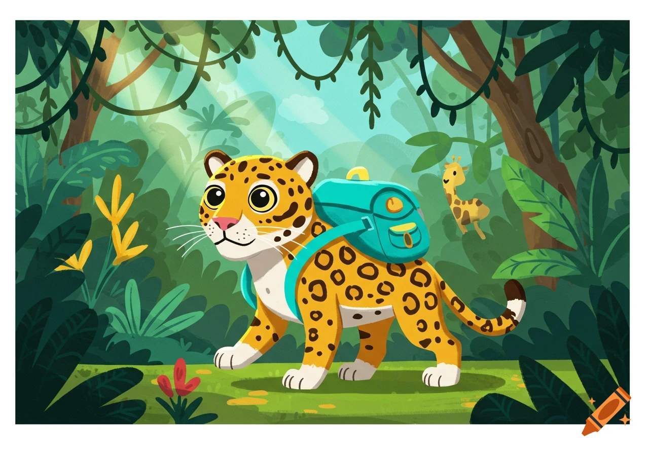 A bright cartoon illustration of a cute jaguar with a turquoise backpack in a lush jungle, with a tiny giraffe in the background.