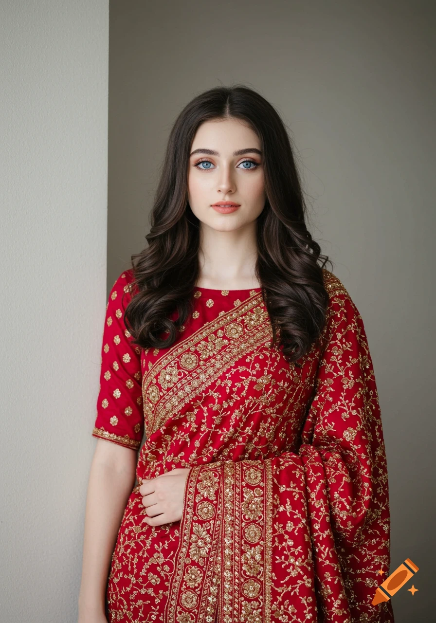 A young woman with blue eyes and dark wavy hair, wearing a red saree with intricate gold embroidery, standing against a neutral wall.