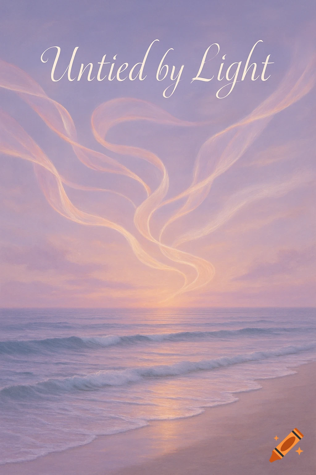 Serene ocean sunset with pastel skies and swirling light ribbons. Text 'Untied by Light' at the top.